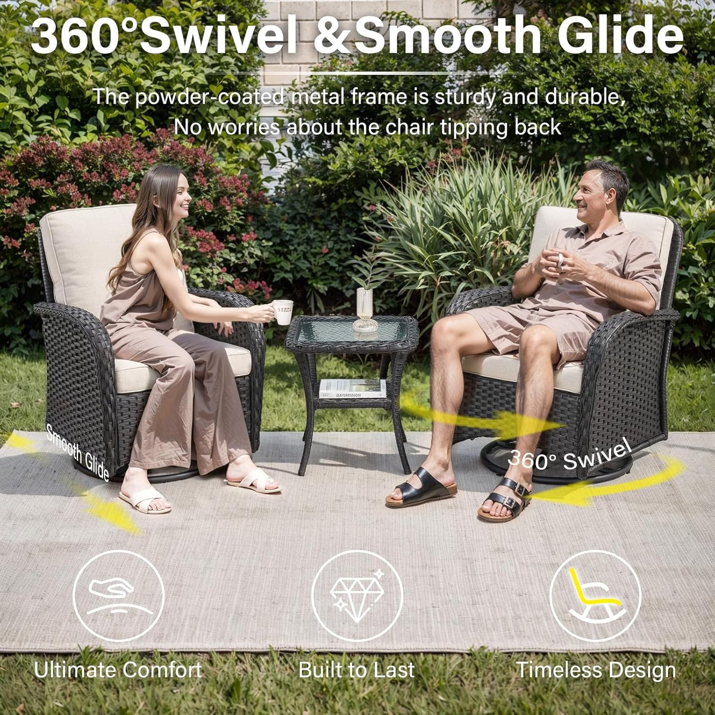 5 Piece Outdoor Patio Furniture Set with 50000 BTU Propane Fire Pit Table, Deep Seating Wicker Swivel Rocker Chairs and Loveseat Glider Patio Conversation Set for Poolside Deck Backyard Black