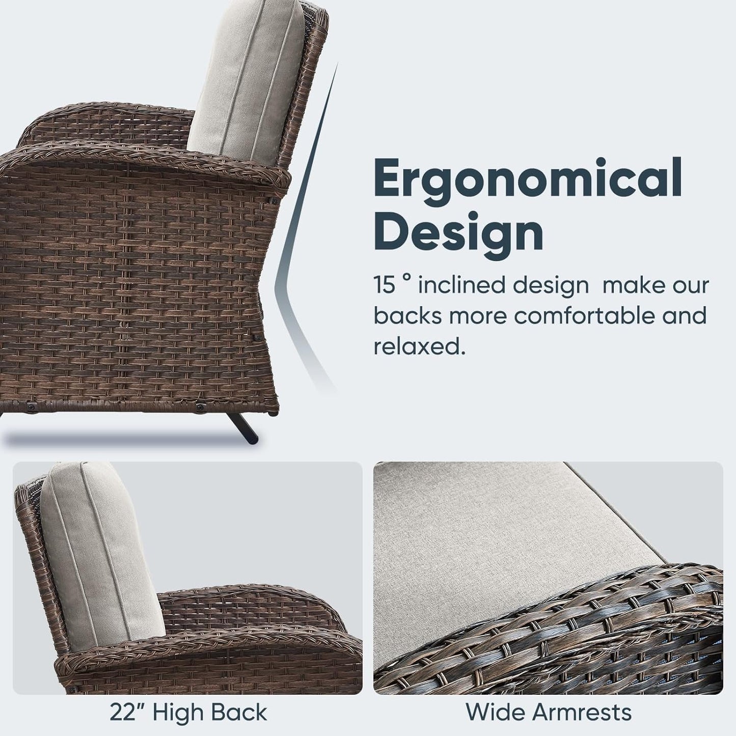 5 Piece Outdoor Patio Furniture Set with 50000 BTU Propane Fire Pit Table, Deep Seating Wicker Swivel Rocker Chairs and Loveseat Glider Patio Conversation Set for Poolside Deck Backyard Grey