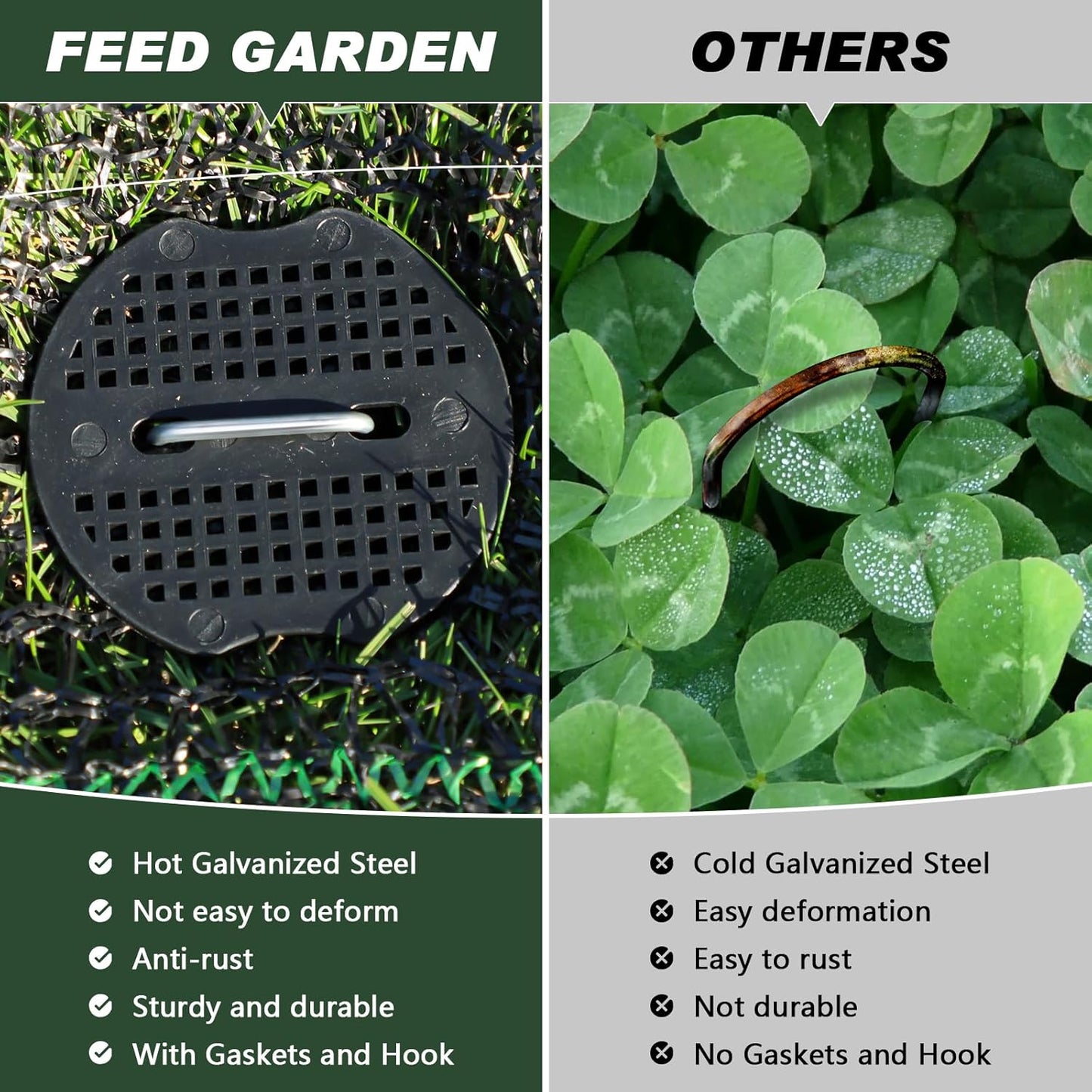 FEED GARDEN 6 Inch 50 Pcs Galvanized Landscape Staples 50 Pcs Gaskets Pick Hook Garden Stakes 11 Gauge Anti-Rust Landscaping Fabric SOD Pins U Shaped Yard Turf Stakes for Weed Barrier Fabric