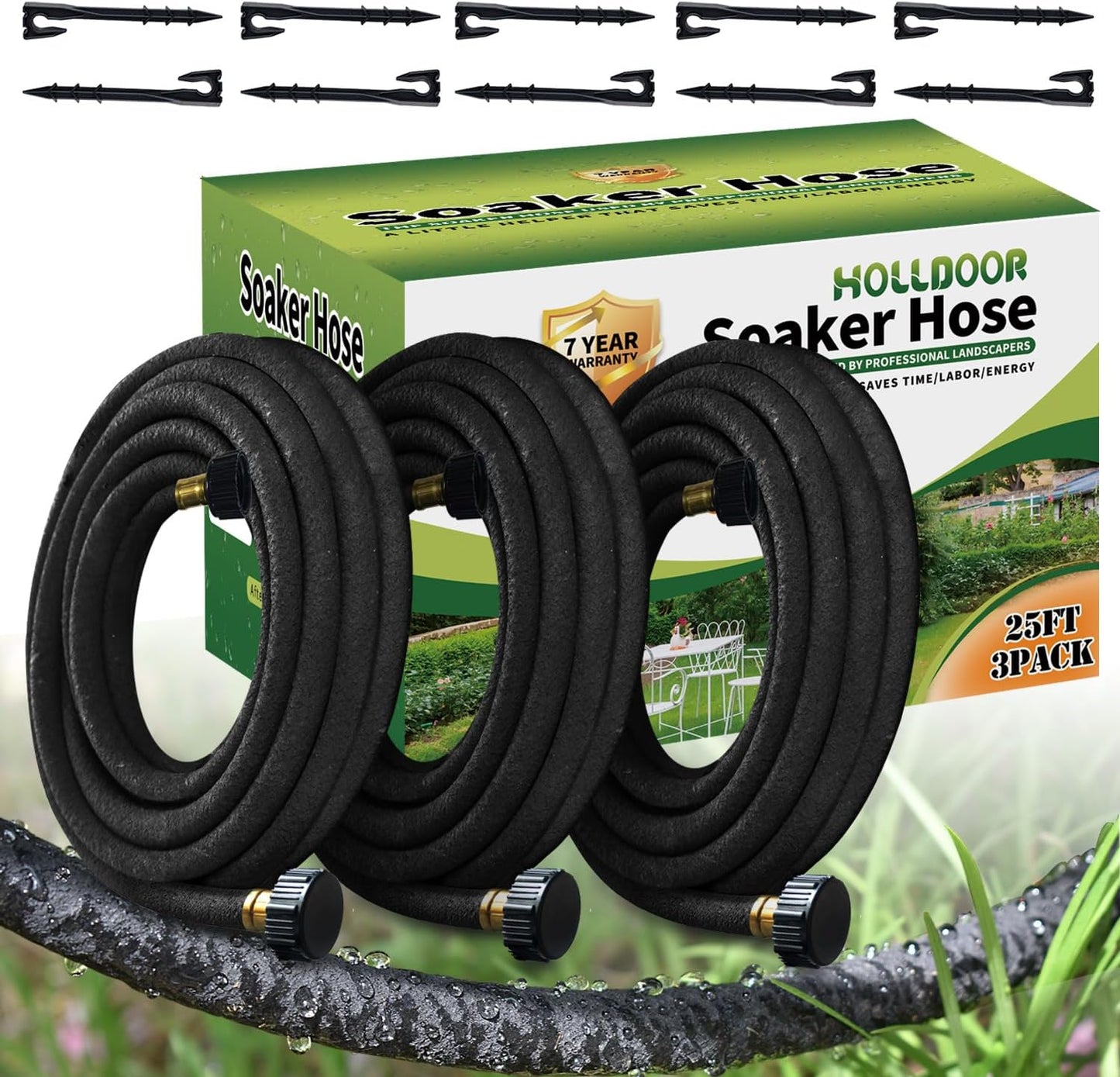 Soaker Hose 25 ft 3-Pack for Garden Beds with Kit, 1/2’’ Soaker Hose 75 ft Heavy Duty, 70% Water Saving Drip Hose Irrigation for Lawn, Landscaping, Garden (Black, 25 FEET x 3PACK)