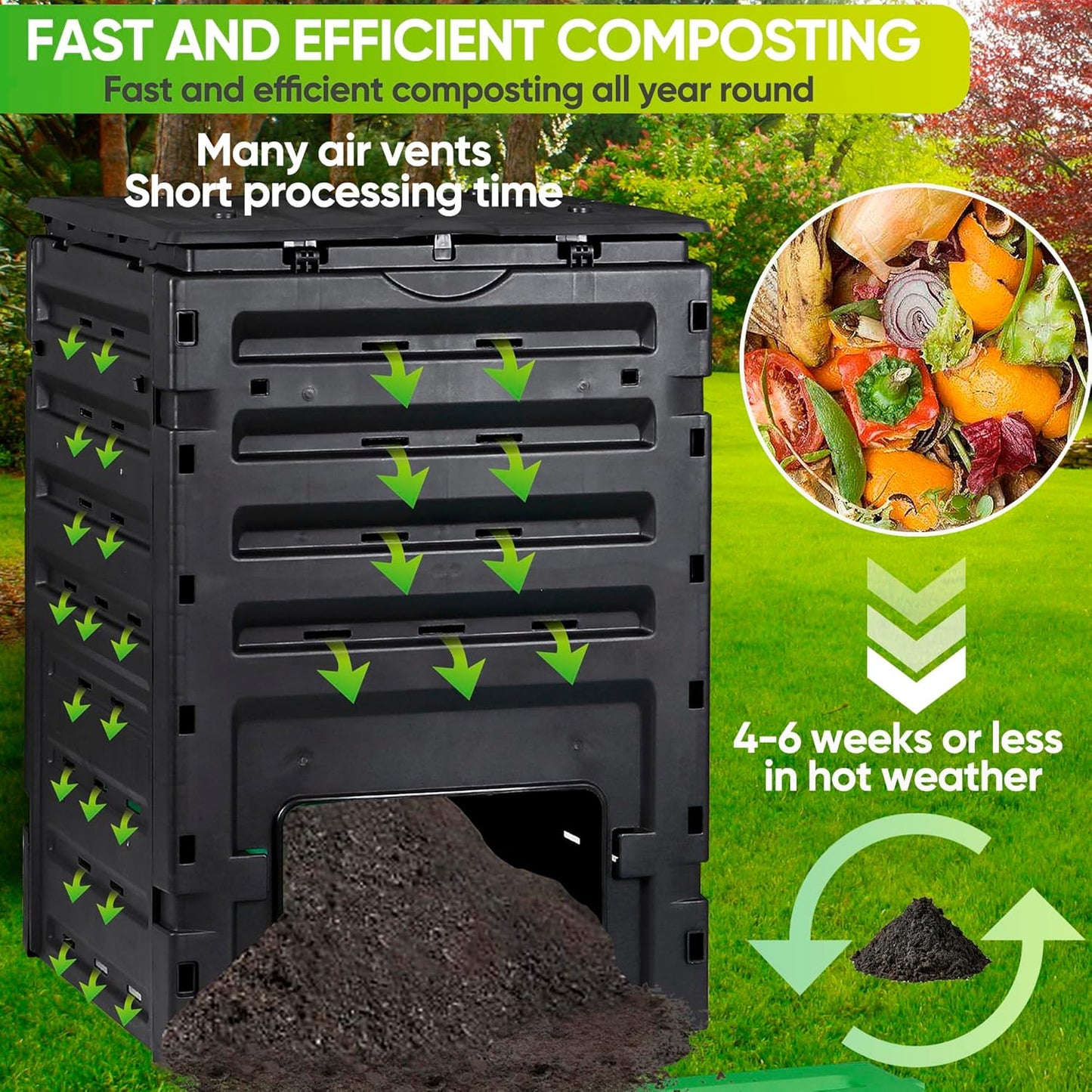 F2C Compost Bin Outdoor Composter BPA Free Material -120 Gallon (450L) Large Compost Bin Aerating Outdoor Compost Box Easy Assembling, Lightweight, Fast Creation of Fertile Soil, Black