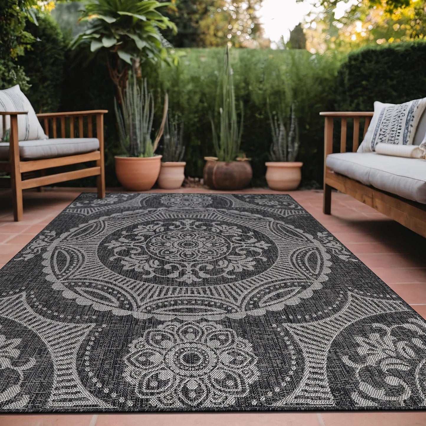 Medallion Outdoor Rug 10x14 Washable Outside Carpet for Indoor Patio Porch Waterproof Easy Cleaning Non Shedding Area Rugs Dark Gray 10 x 14