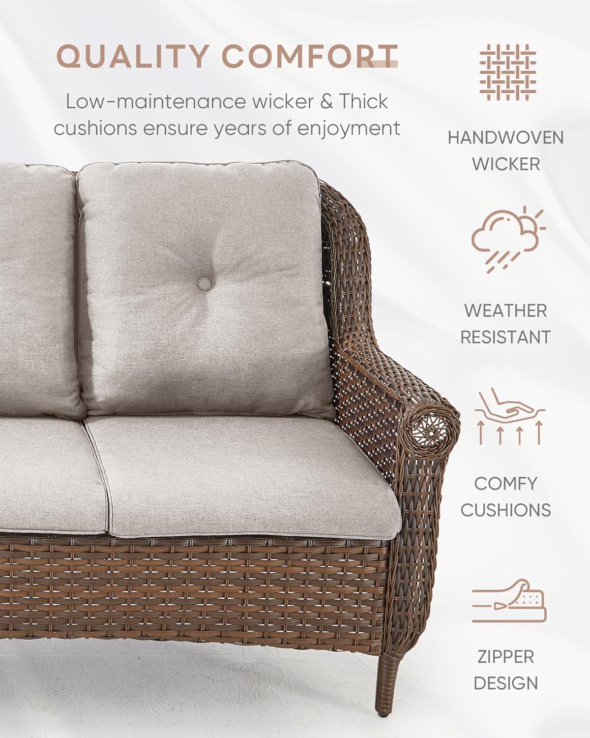 Patio Loveseat Outdoor Wicker Sofa - Heavy Duty All-Weather Brown Rattan 2-Person Sofas with High Back and Comfortable Thick Cushions for Garden Back Porch Poolside Apartment - Beige