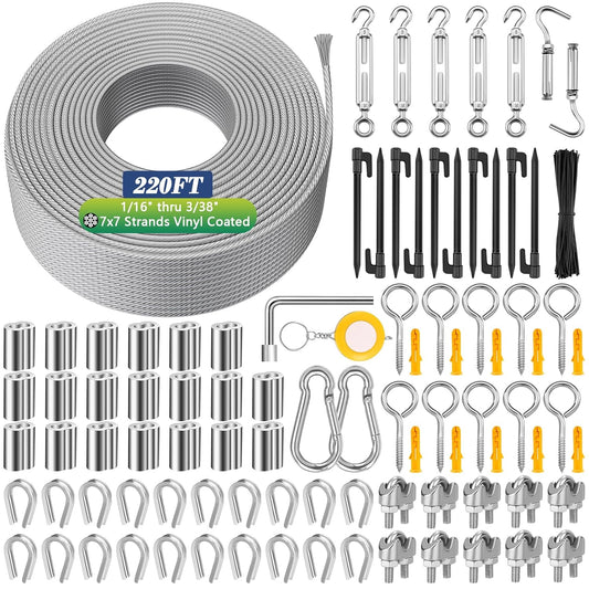 220 FT 1/16" Wire Rope Kit 304 Stainless Steel Cable with M5 Turnbuckles for Cables Wire, Vinyl Coated String Lights Hanging Wires for Outdoor Camping, Trellis, Garden, Clothes line, Curtain, Picture