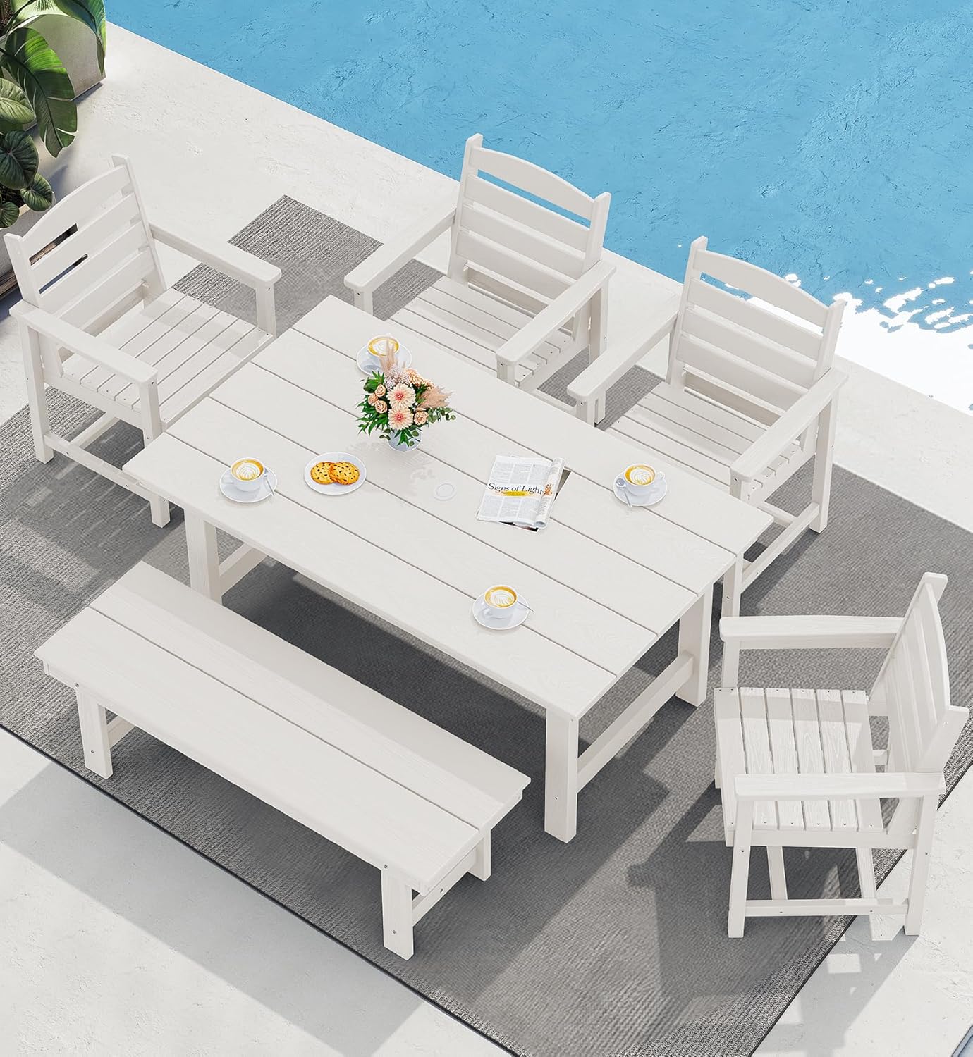 SERWALL Outdoor Dining Set for 6, HDPE Dining Furniture Set with Umbrella Hole Cut-Out Table and 1 Dining Bench and 4 Chairs, All Weather Outdoor Dining Bench Sets, White