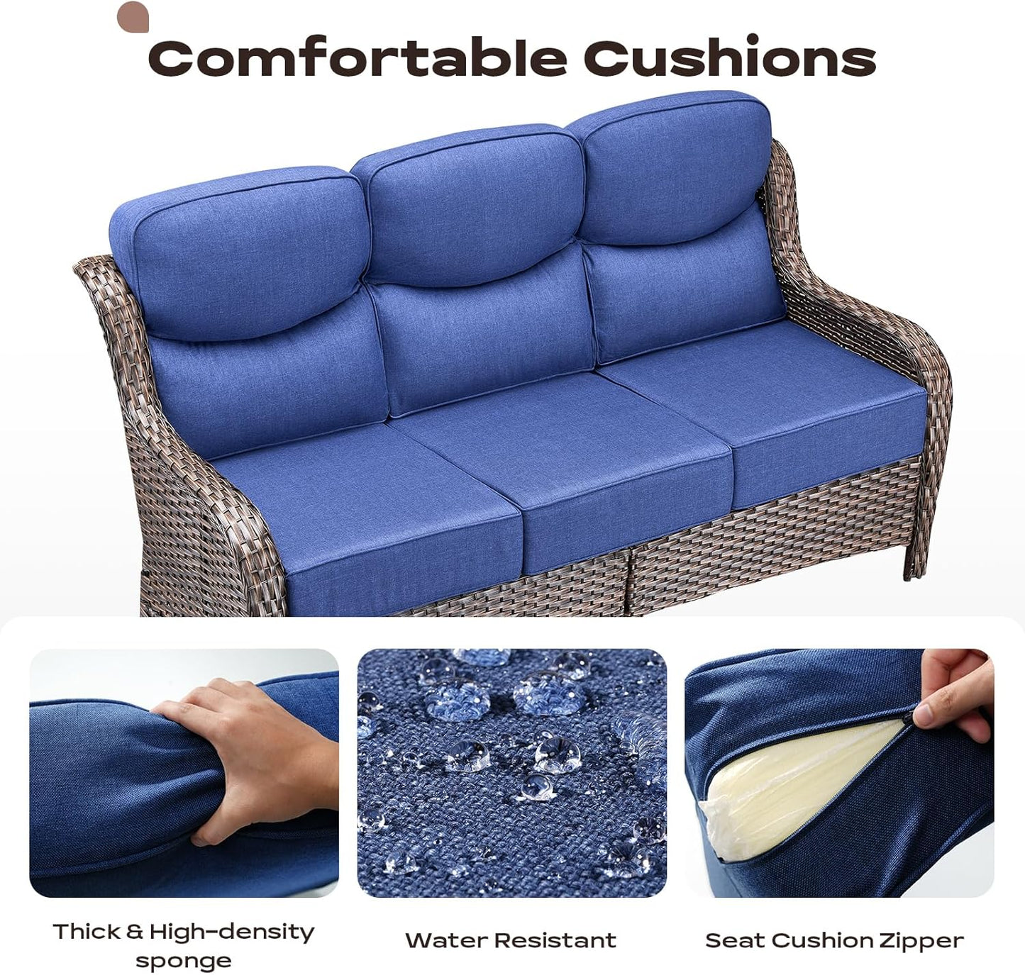 Wicker Outdoor Patio Furniture Set - 5 Piece Patio Conversation Sets with Swivel Rocker Chairs, Ottomans and Sofa, 6 inch Cushions, Waterproof Wicker, for Porch Deck Brown/Blue