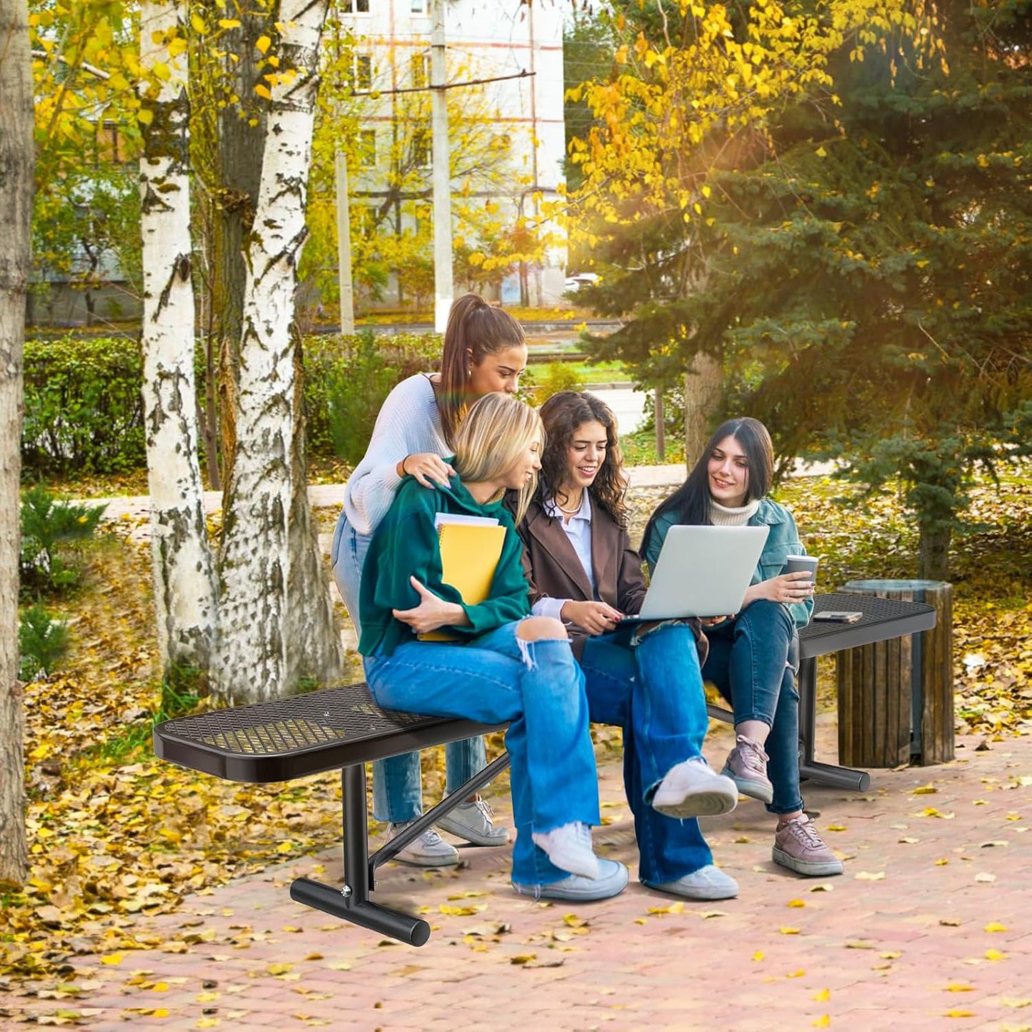 Thermoplastic Coated Iron Park Bench for Outside, Heavy Duty Metal Garden Bench, Expanded Commercial Grade Seating for Shopping Malls, Lawn Yard Porch Entryway (Black without Backrest, 96IN)