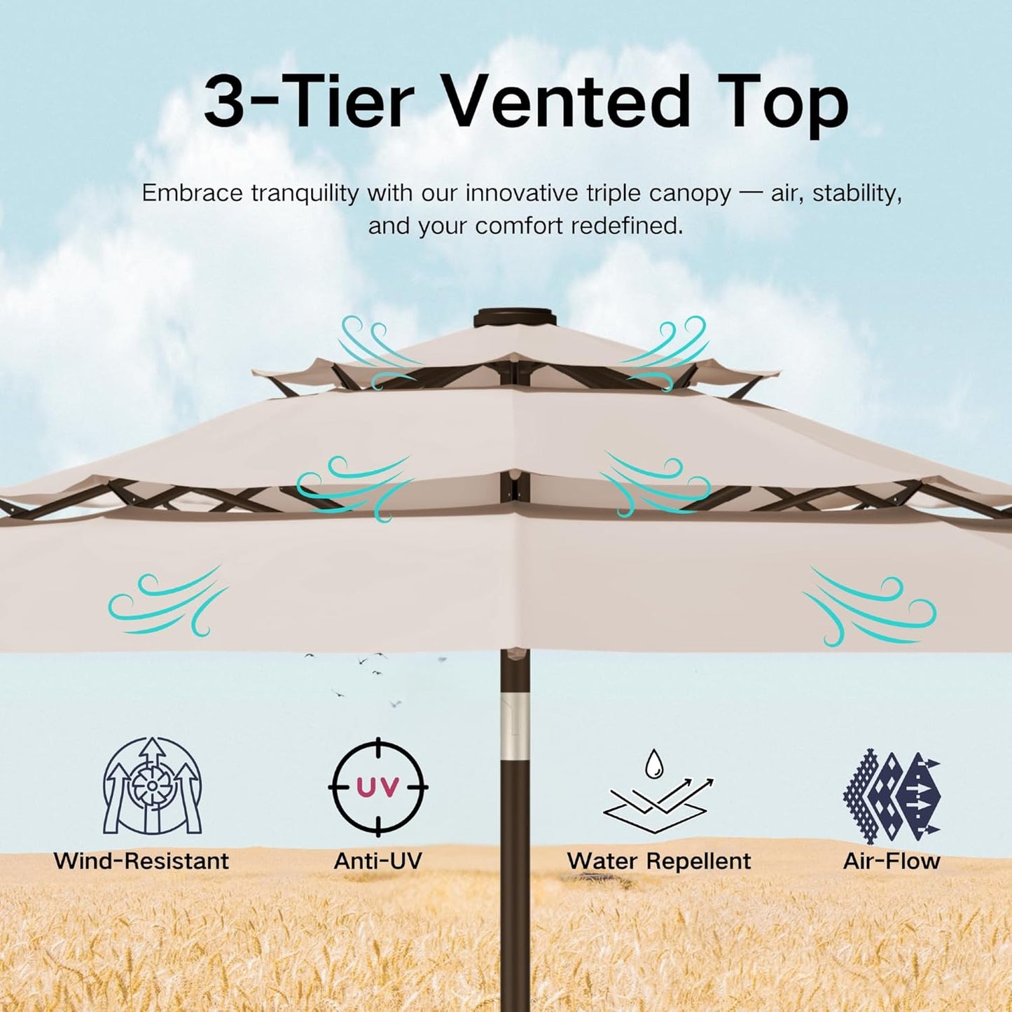 Kingdura 10ft 3-Tier Patio Umbrella with Solar Lights, Table Umbrella Outdoor Patio with Easy Crank & Tilt, 8 Sturdy Ribs, UV Protection, 32 LED Lights for Deck, Poolside, Market (Beige)