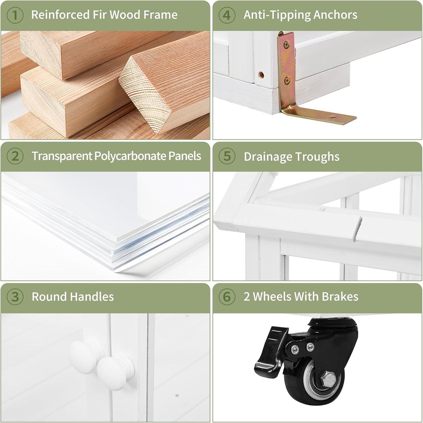 Portable Cold Frame Greenhouse with Wheels , Wooden Mini Greenhouse Cabinet for Gardens & Balconies , Openable Roof Design & Built-in Storage Box ,Easy-to-Move & Durable (White)