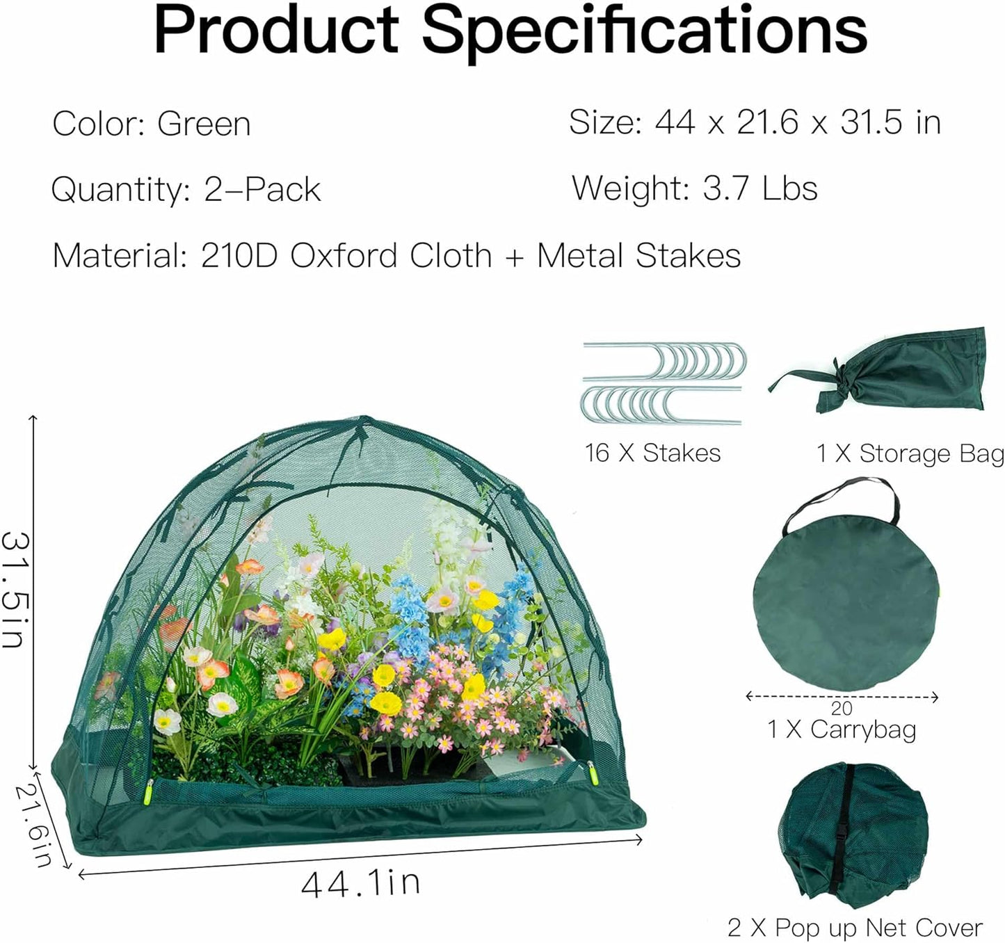 Pop up Gardening Net Cover,44x21.6x31.5 inches Pack of 2,Pest Guard Cover for Vegetables Fruits Durable Plant Gardening Net, Pop-Up Chicken Pen for Small Animals Outdoor Run and Pet Enclosure