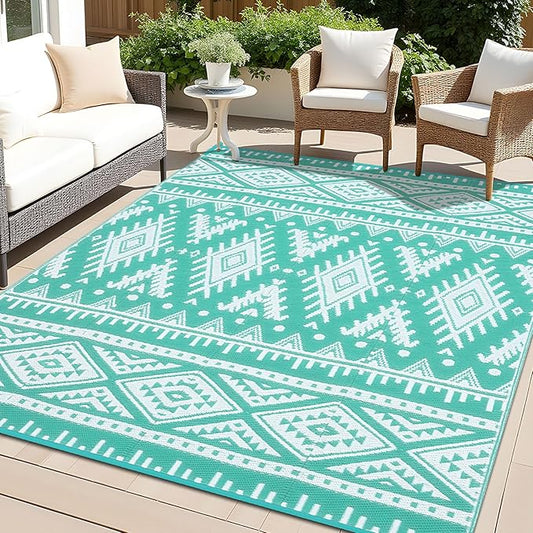 OLANLY Outdoor Rug Waterproof 9x12 ft, Reversible Outdoor Plastic Straw Rug, Boho Patio Rug, Indoor Outdoor Carpet, RV Mat Outside for Patio, Camp, Picnic, Balcony, Deck, Backyard, Turquoise & White