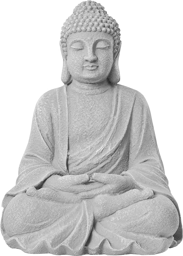TOETOL Zen Garden Asian Buddha Statue Outdoor Indoor Yard Decor 20” High Patio Deck Sculptures Magnesium Oxide Stone Grey Home Entryway Hallway