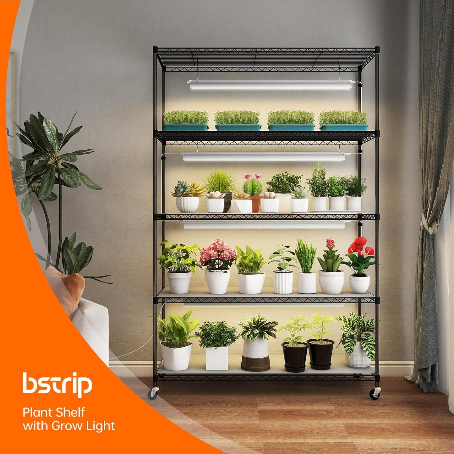 Plant Shelf with Grow Lights, 5 Tier Large Tall Plant Stand with 3FT T5 144w Grow Light for Indoor Plants, 3 Mode Full Spectrum LED Plant Light with wheel and Timer for Seedling, 47.2x17.8x71IN