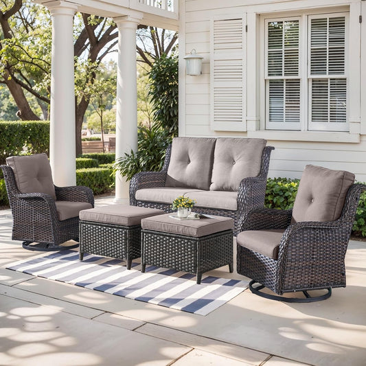 Outdoor Wicker Patio Furniture Set - 5 Piece Rattan Patio Conversation Set with 2 Rocking Swivel Chairs,2 Ottomans and 1 Loveseat for Porch Deck Backyard Garden(Brown/Grey)