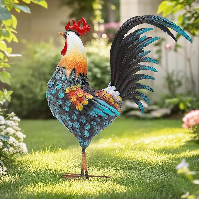 32" Large Metal Rooster Decor, Outdoor Garden Statues, Metal Chicken Sculpture for Backyard Patio Kitchen Decor