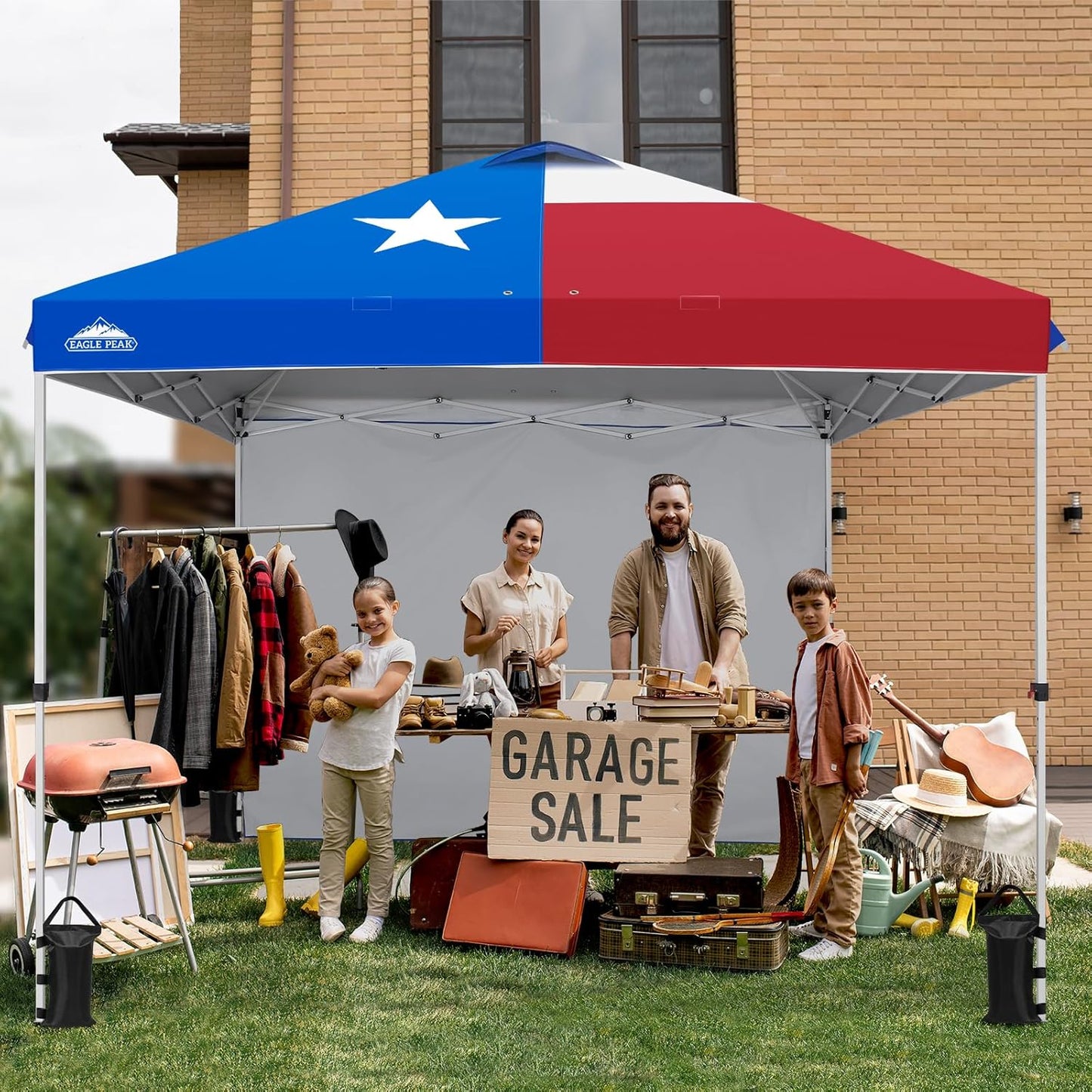 EAGLE PEAK Pop Up Canopy Tent with 1 Sidewall, Easy Setup Event Tent, Outdoor Sun Shade, Wheeled Carry Bag, Stakes and Guy Ropes, Instant Canopy 10x10, Tex Flag