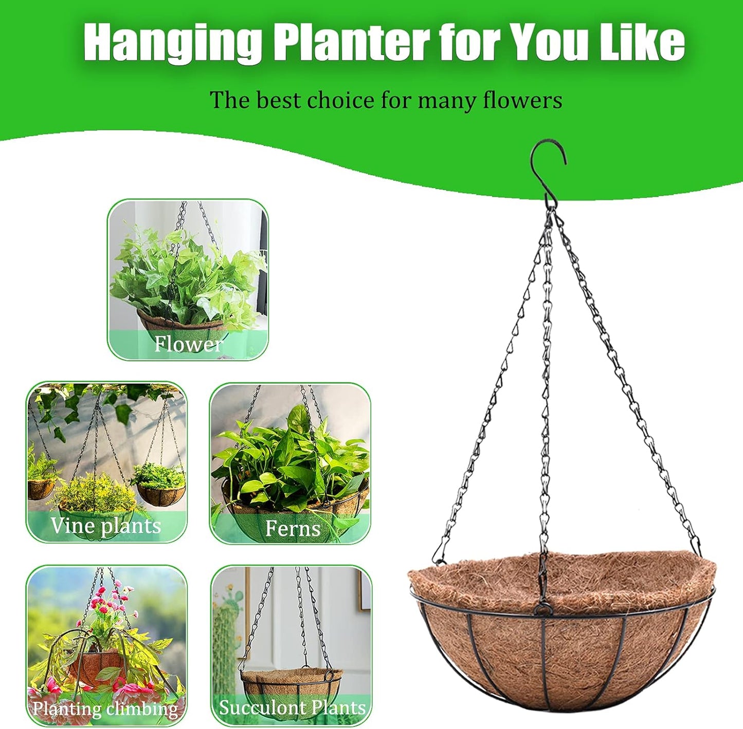 4 Pack Hanging Planter Basket Outdoor Large Hanging Flower Pots Indoor 12 inch with Coco Coir Liner Round Wire Plant Holder Chain Hanging Basket Garden for Home Decor Balcony Office1