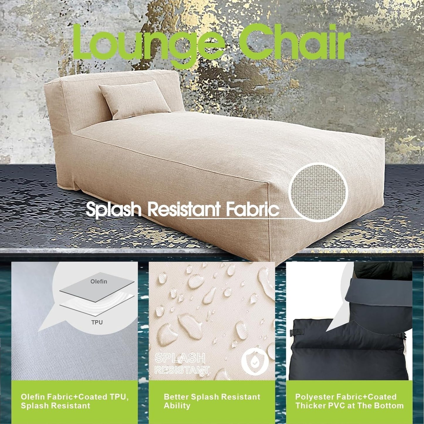 Outdoor Bean Bag Lounger Chair, Big Comfy Outdoor Daybed for Sunbathing and Tanning - Water-Resistant Patio Chaise and Pool Sun Lounger Furniture for Beach Deck (Light Beige)