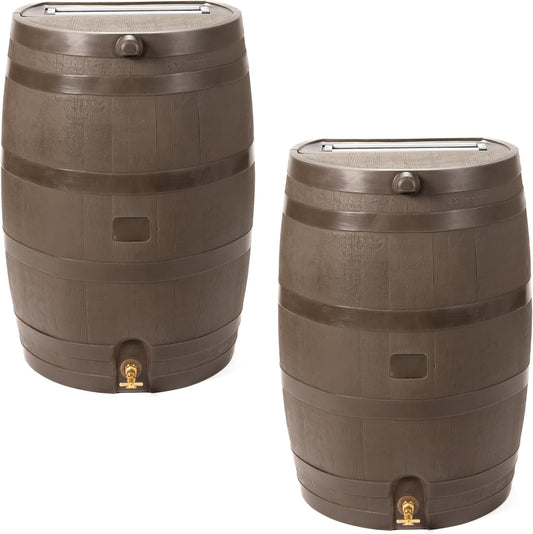 50-Gallon Rain Barrel with Link Kit, Flat Back Rain Water Collection Barrel, Link Kit Included, Walnut Color (2 Pack)
