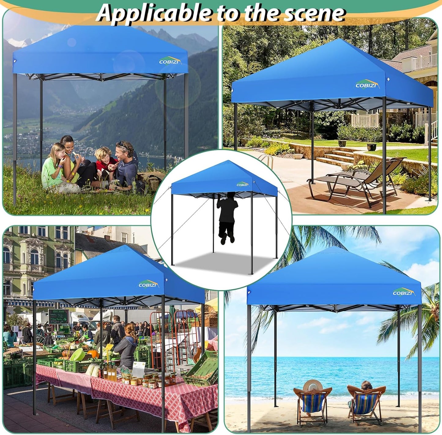 COBIZI 6.6x6.6ft Pop Up Canopy Tent, Heavy Duty Canopy Easy Set up All Weather Waterproof Outdoor Canopy Tent for Parties, Beach, Garden, Camping with 1 Handbag, 3 Adjustable Heights, UPF50+, Blue