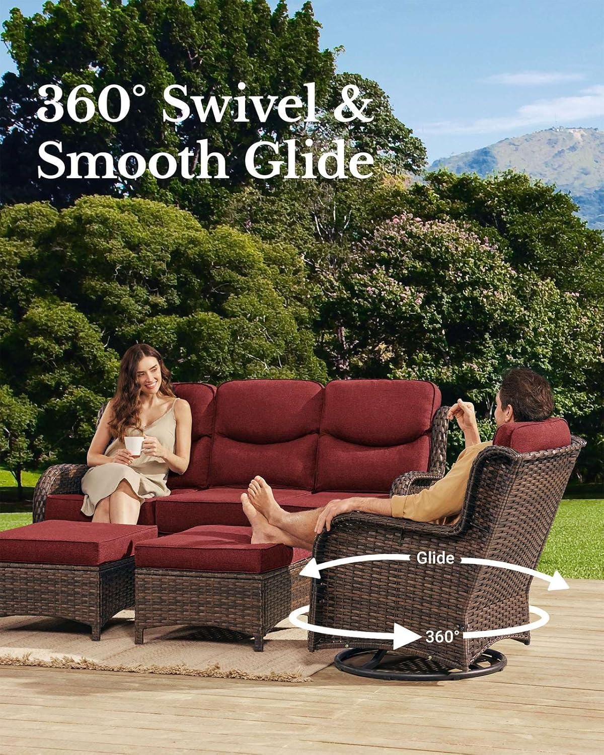 HILLGA Luxury Patio Furniture Set with 6-inch Thick Cushion, Outdoor Couch, Loveseat and High Back Swivel Rocker Patio Chairs, 7PCS Wicker Conversation Set for Deck Yard and Poolside, Burgundy (V2)