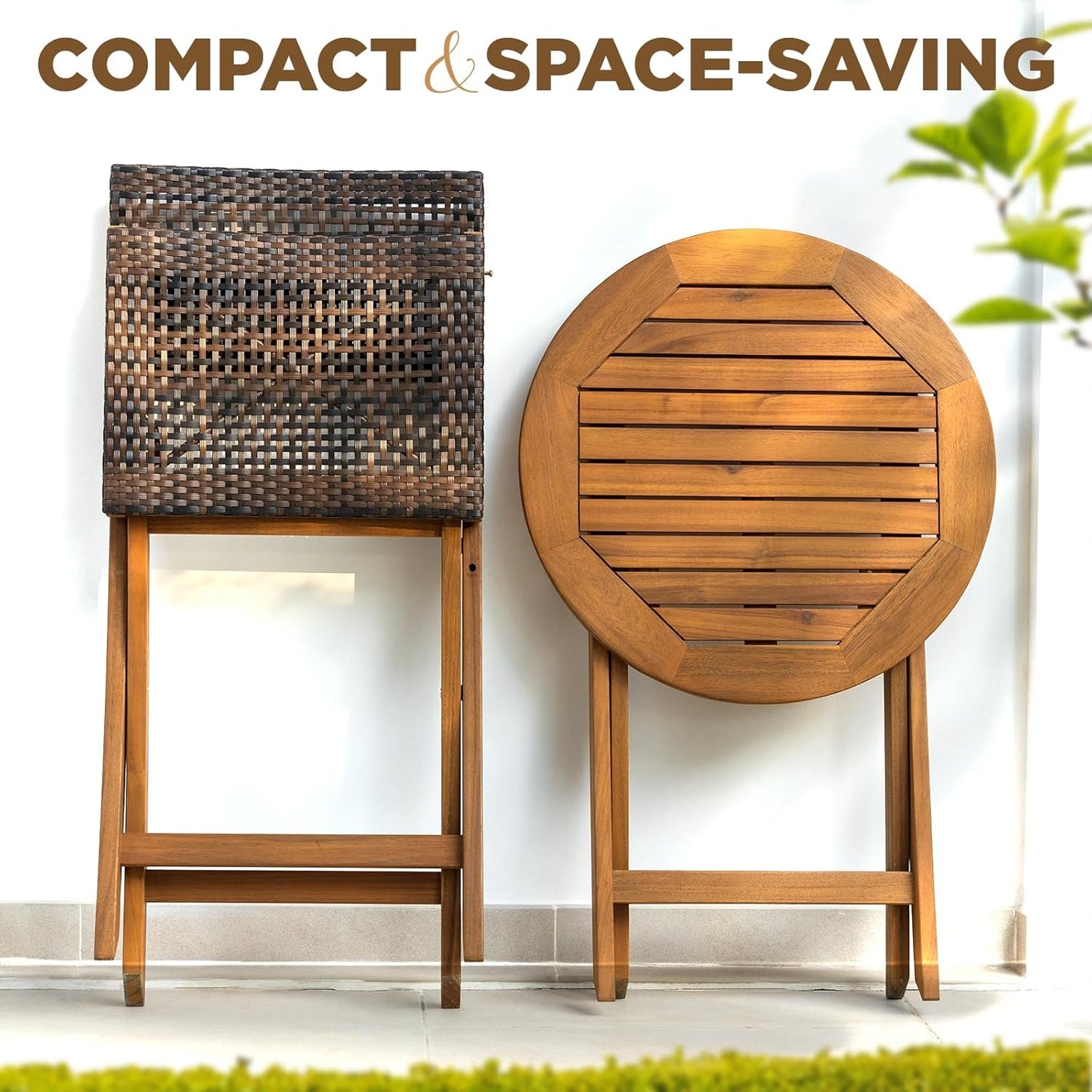 IDZO Wood Wicker Design Heavy Duty 400lbs Capacity Premium Patio Bistro Set 3 Piece Outdoor