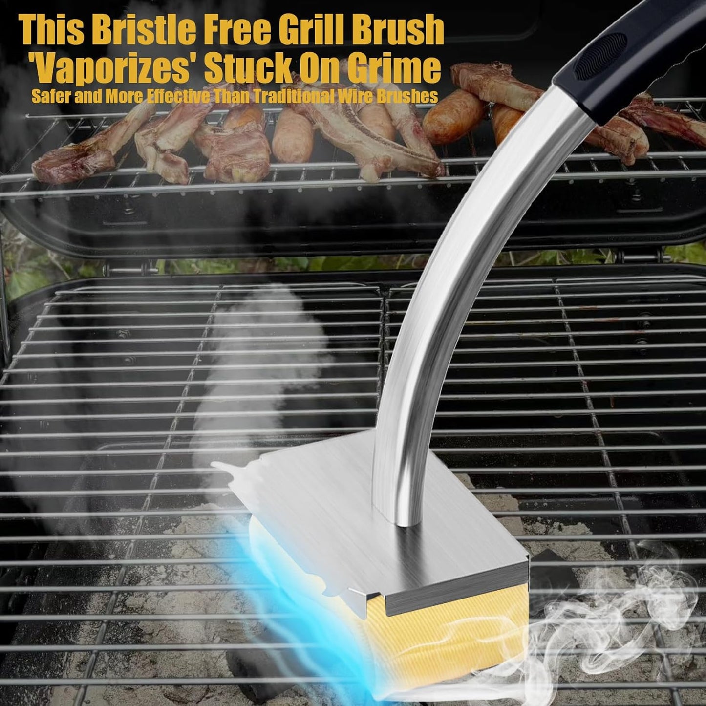 Grill Brush Bristle Free with Hanging Loop,BBQ Safe steam Grill Brush Non Metal bristles,Stainless Steel Cleaning Brush,Includes 2 Replaceable Heads Red