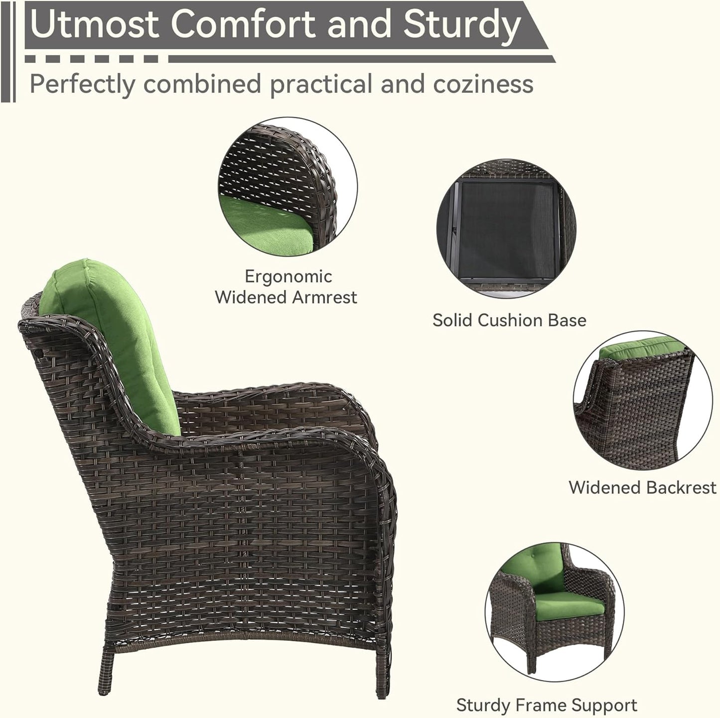 3 Pieces Outdoor Patio Chairs Set - Wicker Patio Conversation Sets with 1 Side Table, Olefin Fabric Cushions Suitable for Backyard Deck and Porch,Green