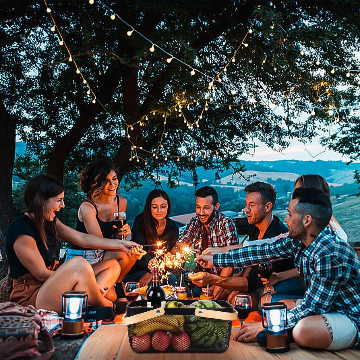 Portable Mesh Harvest Basket - Natural Bamboo Handle Foldable Organizer for Kitchen, Garden & Picnic | Ventilated Storage Bin with Rust-Proof Wire, Space-Saving Farmhouse Decor (Black)