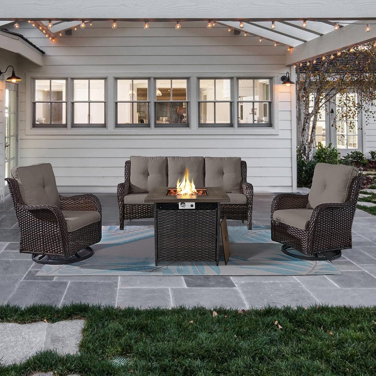 Outdoor Patio Furniture Set with 50000BTU Propane Fire Pit Table, 4 Pieces Wicker Patio Conversation Set with 2 Swivel Rocker Glider Chairs Rattan Sofa Blue Cushion Perfect for Casual Gathering