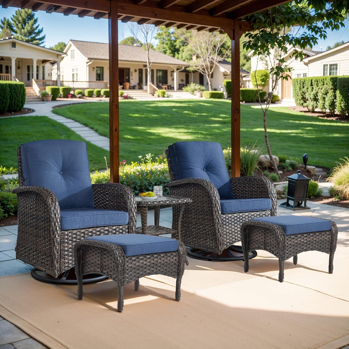 Small Conversation Sets Patio Funiture - 5 Piece Outdoor Swivel Rocker Wicker Furniture Sets with Ottomans Side Table Perfect for Patio Deck Backyard, Brown Wicker Blue Cushion