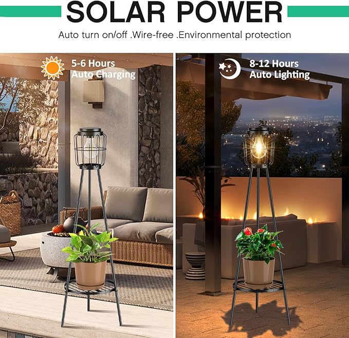 Solar Lights Outdoor with LED Edison Bulbs, Solar Floor Lamp with Plant Stands for Garden Yard Pathway Driveway Front/Back Porch Decoration
