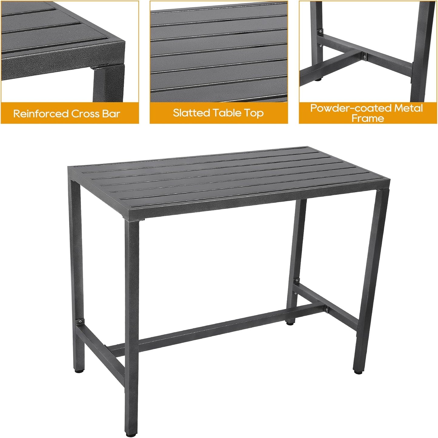 Outdoor Patio Bar Set, Bar Height Patio Dining Set, Weather-Resistant Bistro Counter Pub Set with Cushions & Slatted Tabletop for Backyard (Gray, 47" Wide Table, 4 "I Style Stool)