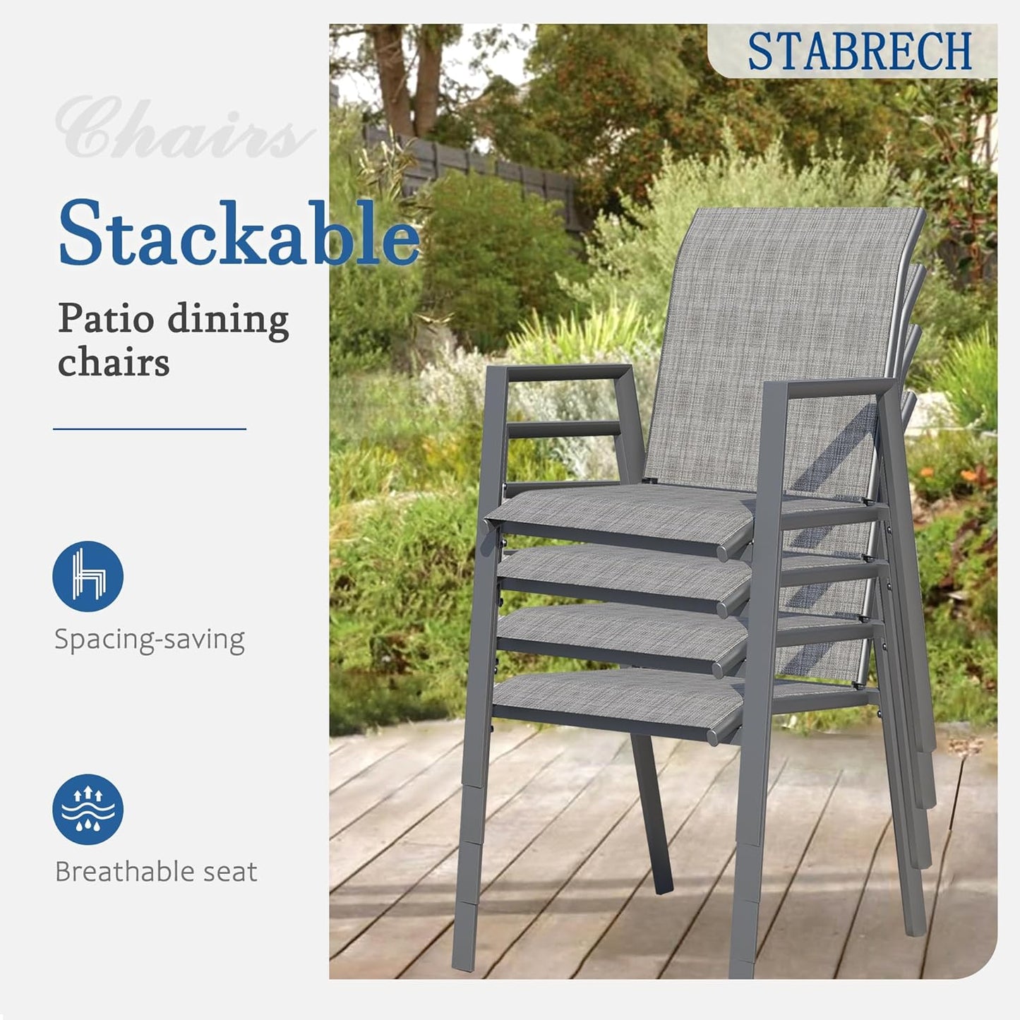 Outdoor Patio Chairs Set of 2, Grey Stackable Outdoor Chairs, Lightweight Patio Set with High Back, Metal Dining Chair for Lawn, Garden, Yard and Deck