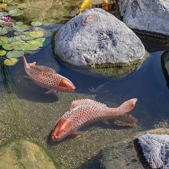 Koi Fish Decor Garden Sculptures & Statues, Outdoor Antique Copper Fish Statues Pond Zen Garden Decor Patio Backyard Lawn Porch Yard Art Decoration, Best Gift for Mother's Day, Set of 2, Large