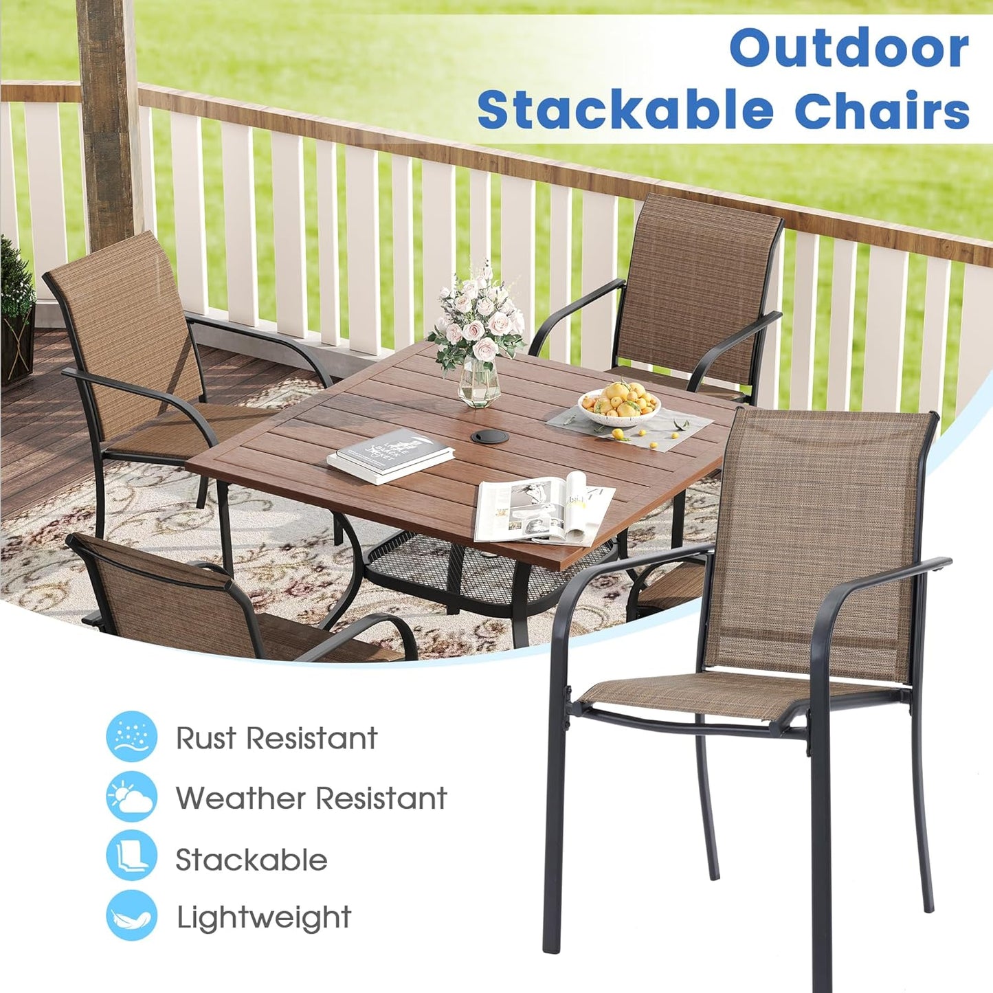 VICLLAX Patio Dining Set for 4, Outdoor Furniture Set Includes 1 Square Patio Table and 4 Stackable Patio Sling Chairs, Patio Table and Chairs for Outsides, Black Table and Brown Chairs