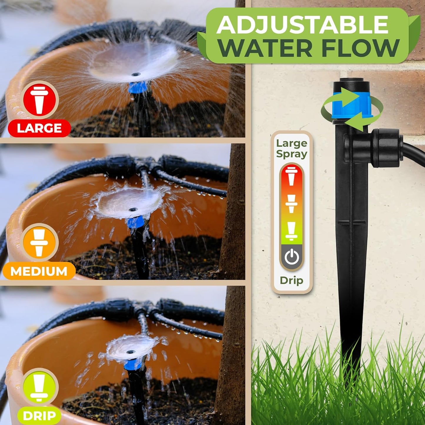 Carpathen 30pcs Drip Irrigation Emitters - 1/4" Drip Irrigation System Push-to-Connect - Adjustable 360 Degree Drip Emitters Vortex on 6" Sturdy Stake - Irrigation Drippers for Garden Watering System