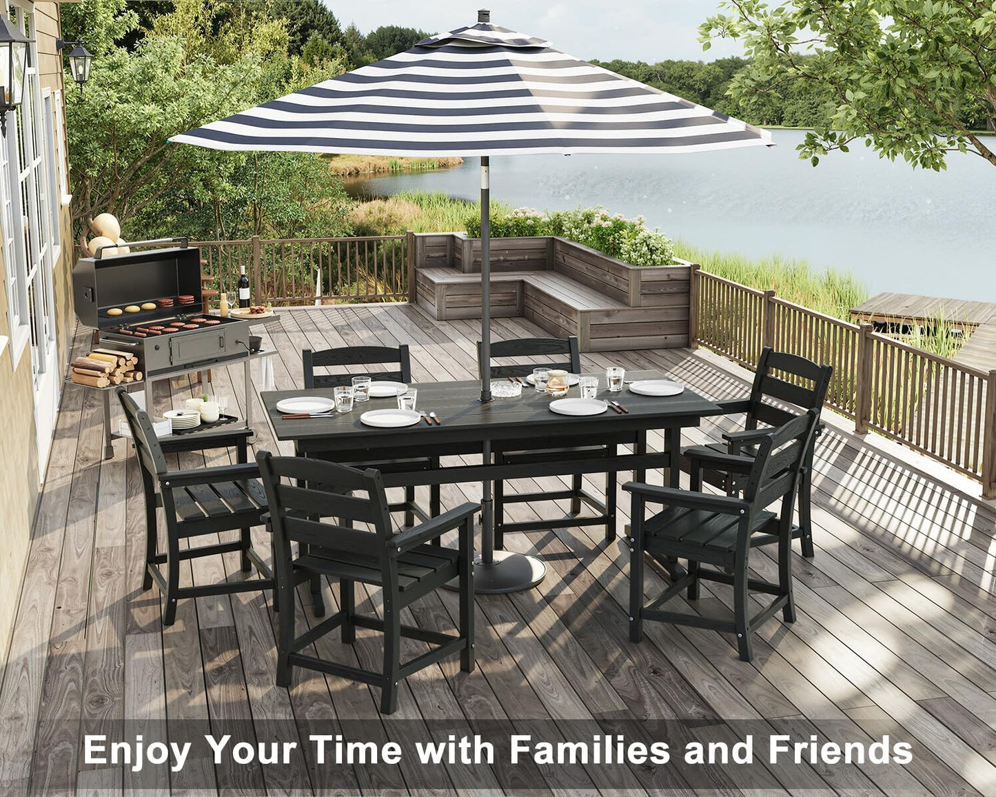 7pcs Outdoor Dining Set, HDPE Patio Dining Set for 6, All-Weather Outdoor Table and Chairs with Umbrella Hole & Adjustable Pads, Modern Patio Furniture Set for Backyard, Poolside &Lawn (Black)