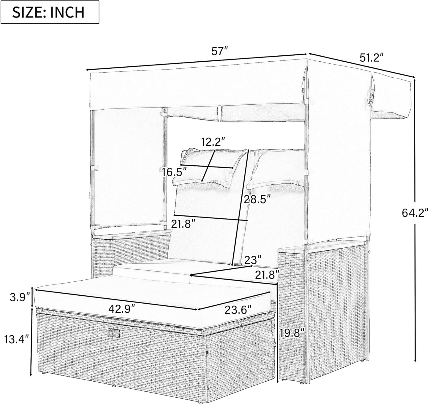 Merax 2-Piece Outdoor Rattan Daybed, Wooden Handrail Table Patio Loveseat Sofa Bed with Bench Lounge Roof Set and Cushions for Poolside, Backyard and Garden, Beige