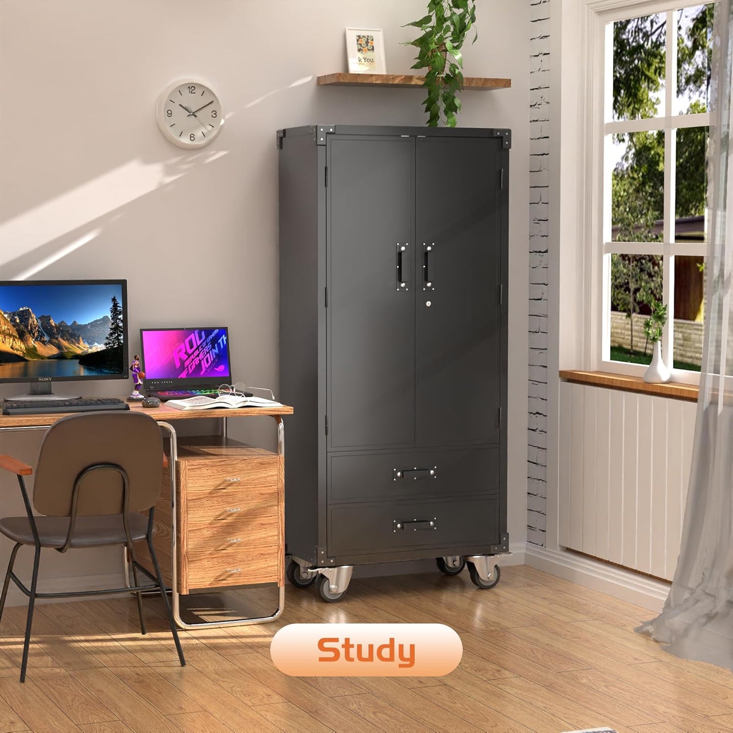 Aobabo Garage Metal Storage Cabinet with Wheels, Lockable Steel Storage Cabinet with 2 Large Drawer and 3 Adjustable Shelves, for Home, Office, Classroom, Black, Assembly Required