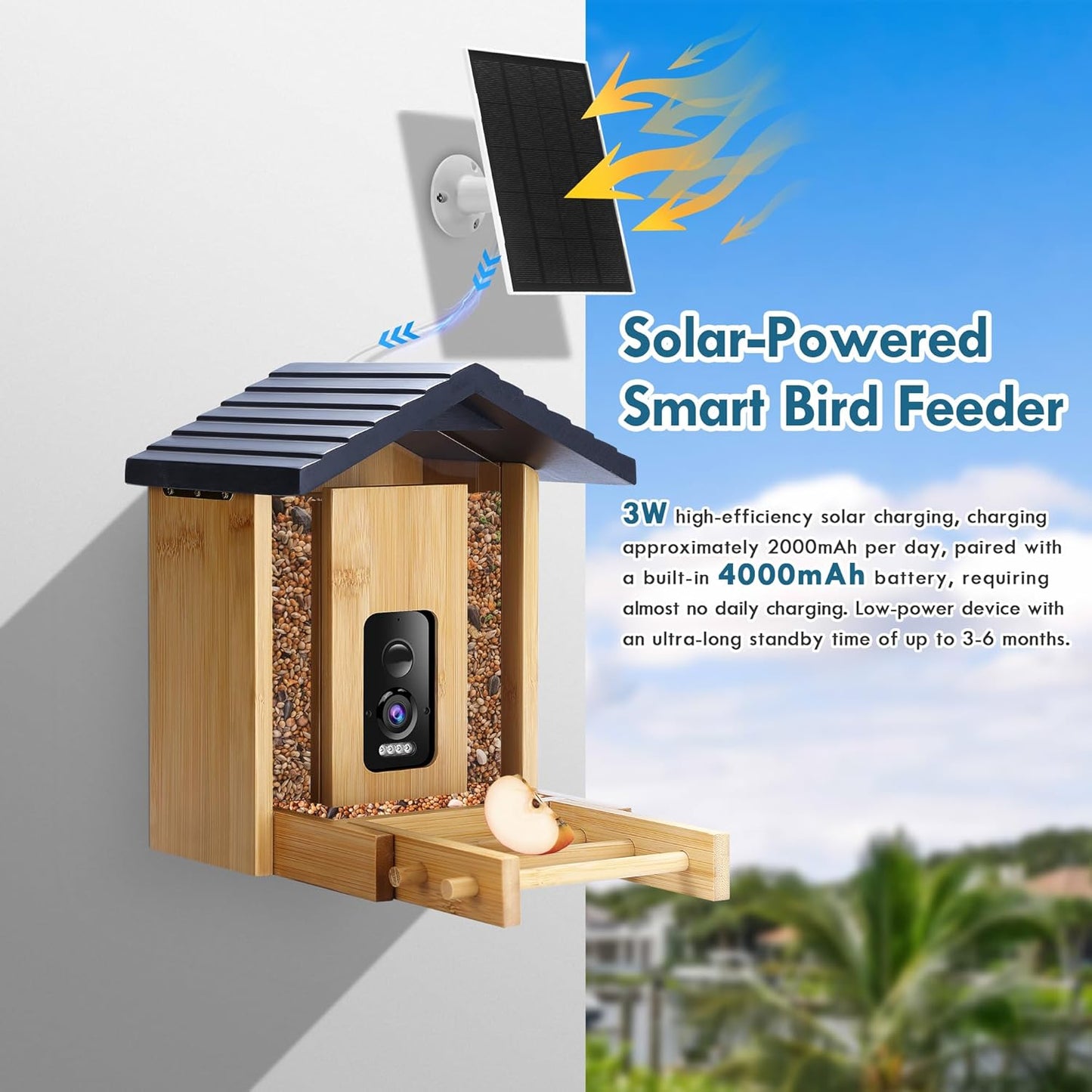 Bird Feeder, 5MP Solar-Powered Smart Bird Feeder with Camera, AI Identifies Birds 10000+, 2.4GHz, Color Night Vision, Instant Notification, Easy to Use, 1.5L Birds Feeders for Outdoor, Yard