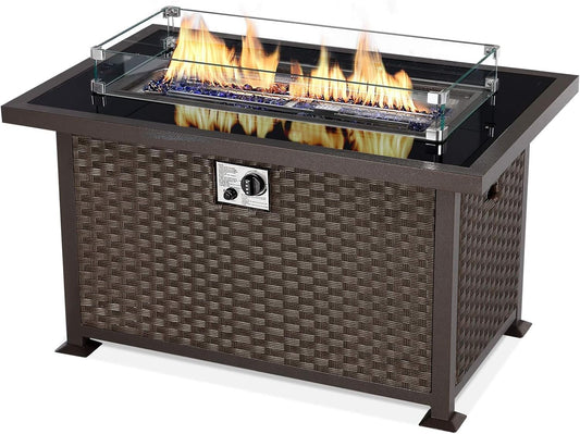 U-MAX 44in Outdoor Propane Gas Fire Pit Table, 50,000 BTU Auto-Ignition Gas Firepit with Glass Wind Guard, Black Tempered Glass Tabletop & Blue Glass Rock, Brown PE Rattan, CSA Certification