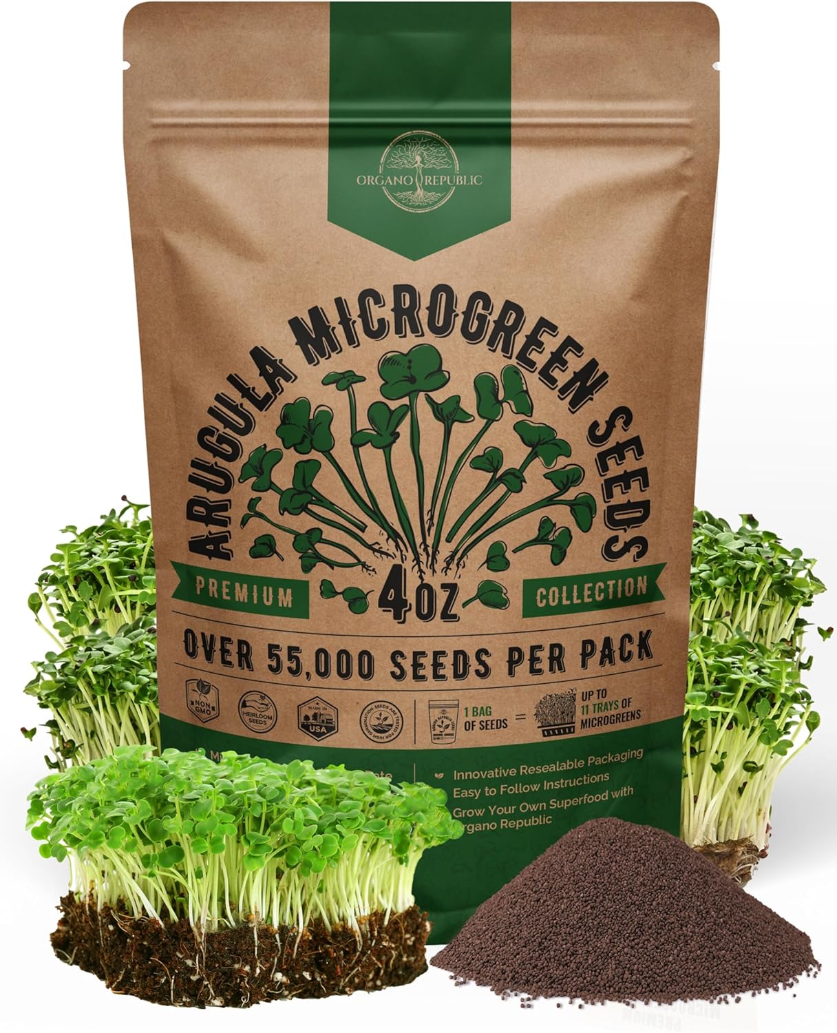 Organo Republic Arugula Sprouting & Microgreens Seeds - 55,000 Non-GMO Heirloom Seeds, Sprouts in 4 oz Resealable Bag for Planting & Growing Microgreens in Soil, Coconut Coir, Aeroponic & Hydroponic