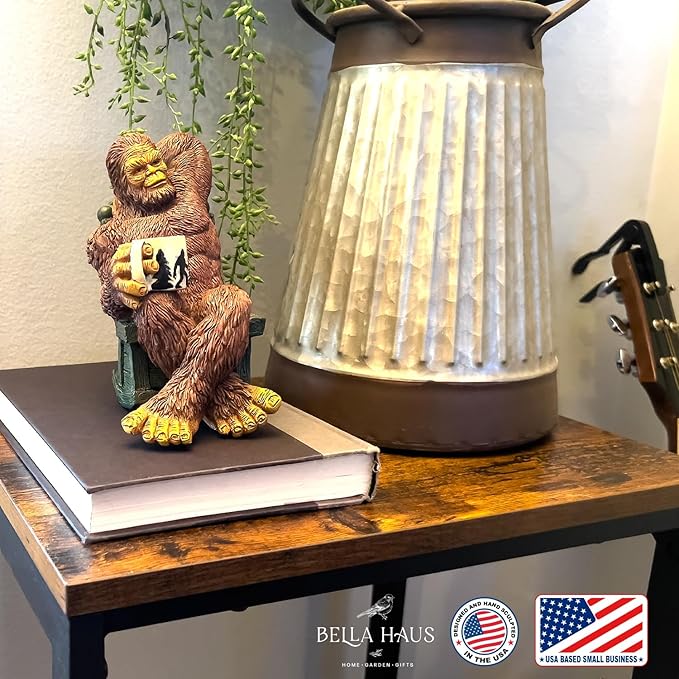 Bella Haus Bigfoot Garden Statue | Sasquatch Enjoying Morning Coffee | Whimsical Bigfoot Cabin Décor for Yard Patio Office or Home | Mythical Coffee-Loving Sasquatch Figurine | Hand-Painted Resin