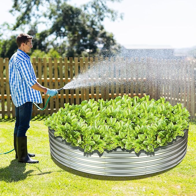 OUSHENG 4x4x1ft Round Galvanized Raised Garden Beds Outdoor, Steel Fire Pit Ring Flower Planter Large Metal Above Ground Boxes Kit for Gardening Vegetables Outside