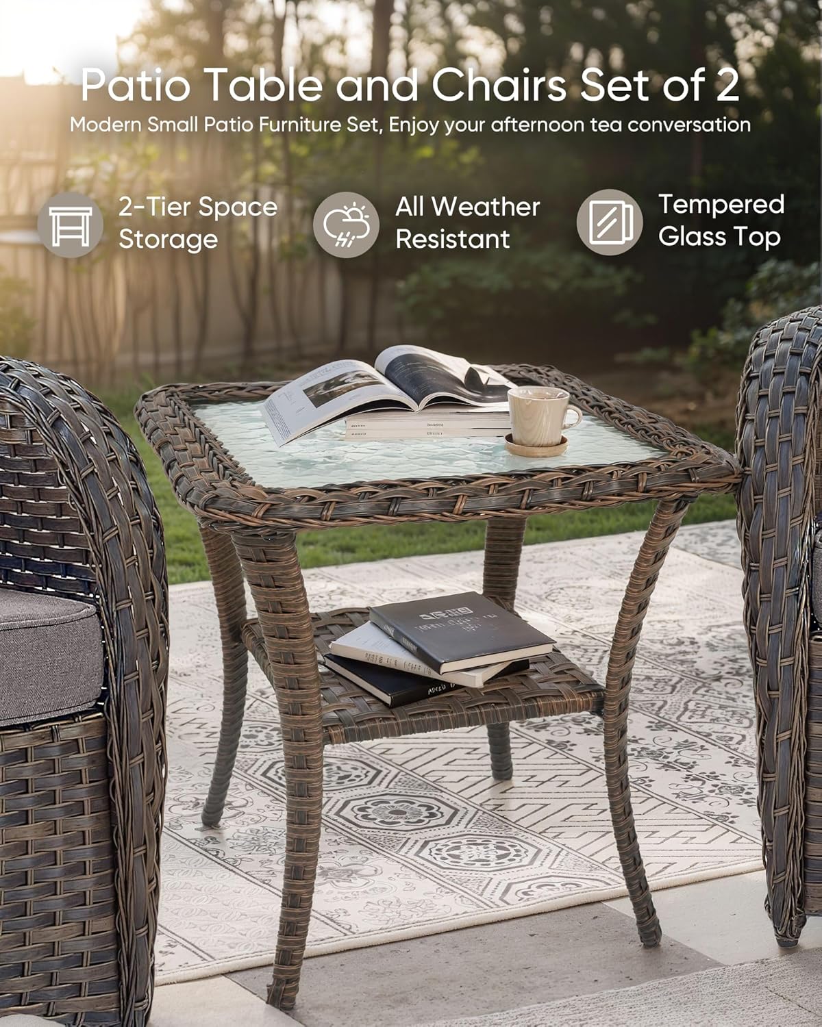 HUMMUH Outdoor Swivel Chairs,3 Pieces Patio Furniture Set with 360 Degree Wicker Swivel Rocking Chairs and Side Table for Garden,Porch,Backyard (Brown/Grey)