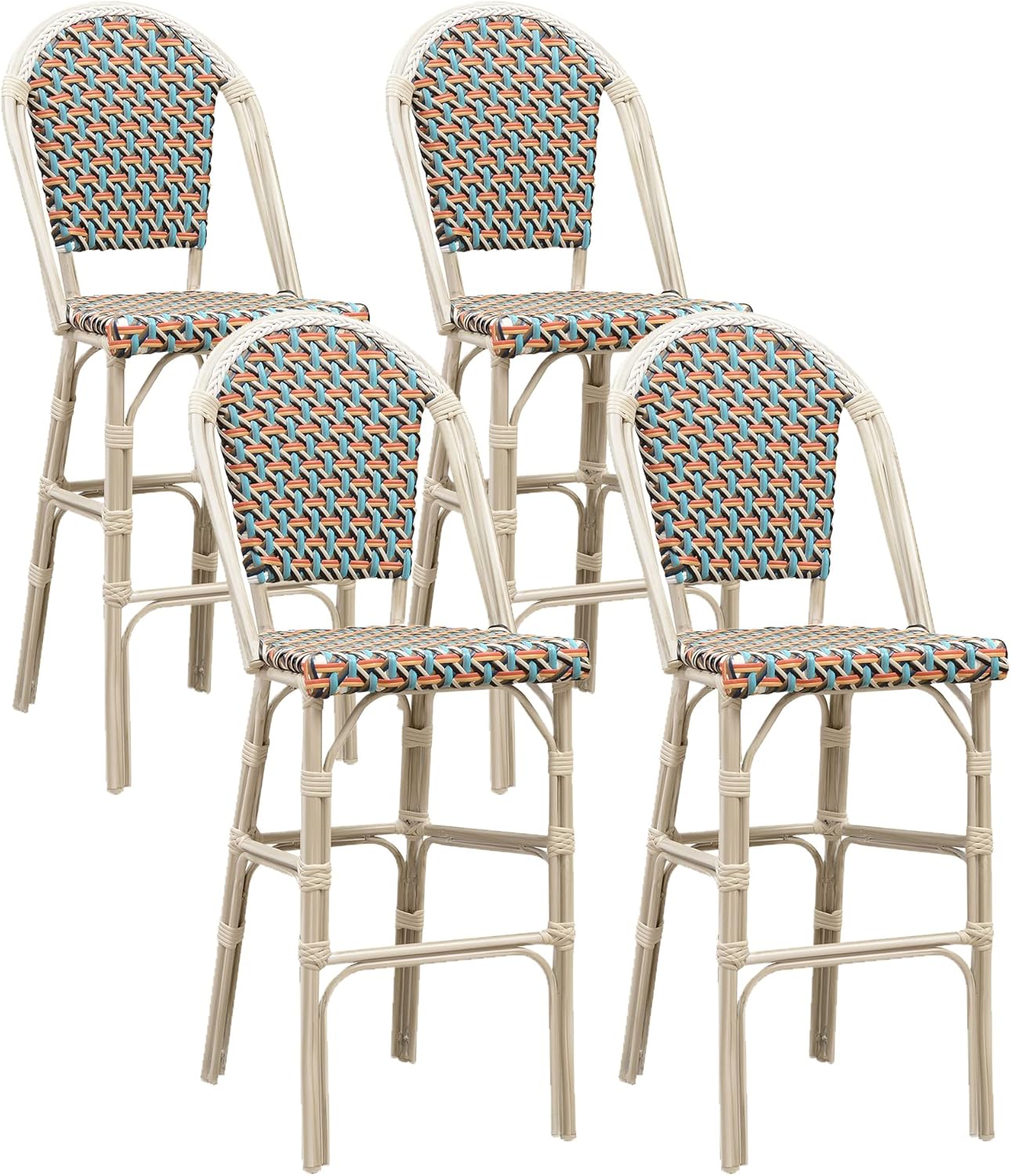 PURPLE LEAF French Bar Stool Set of 4 White Print Finish Patio Bar Stools with Back Rattan Bar Chairs Wicker Bar Height Stool 30" with Footrest Kitchen Island Stools Outdoor Barstool Colorful