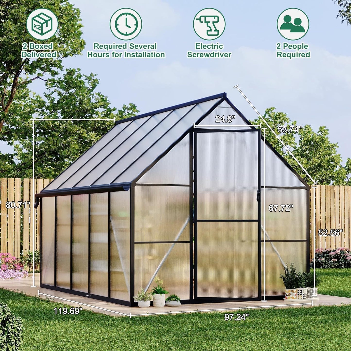 Greenhouse 8x10 FT Aluminum-Framed Heavy Duty Polycarbonate with Quick Setup Structure and Roof Vent, Large Enhanced Outdoors Green House Kit