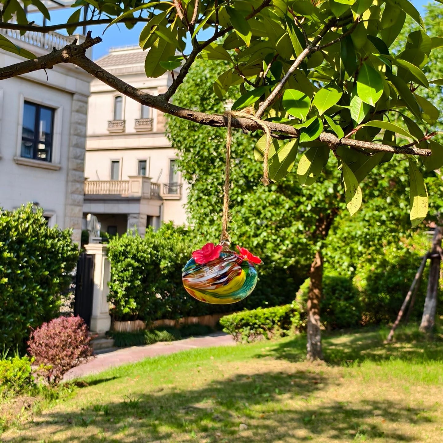 Small Glass Hummingbird Feeders for Outdoors Hanging - Hand Blown Glass Ball Nectar Feeding, Multi Color with 3 Flowers Feeding Ports, Decor for Garden/Backyard Outside