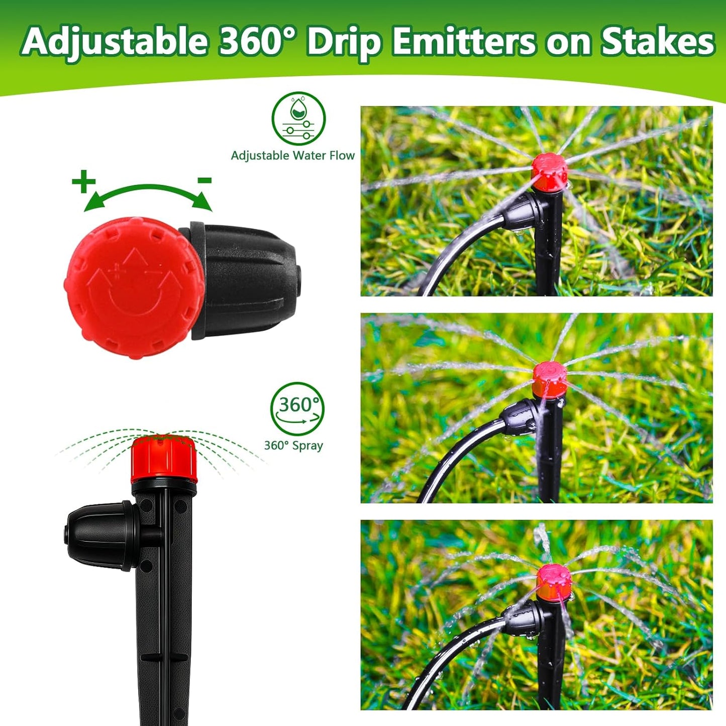 50 Pieces Drip Irrigation Emitters, Adjustable 360 Degree Drip Stream Emitters on 5" with Stake for 1/4" Drip Irrigation Tubing Irrigation 8 Hole Stream Drippers for Garden Watering System
